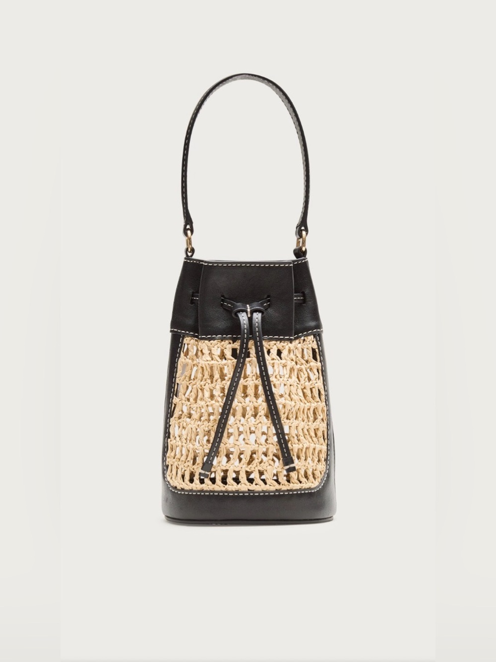J.Crew Straw and Leather Drawstring Bucket Bag NWT Black Beige
